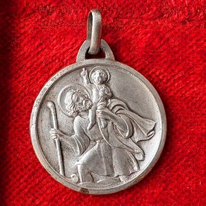 ヴィンテージ フランス製 聖クリストファー メダル ペンダント、カトリック守護聖人ドライバー、シルバーメタル