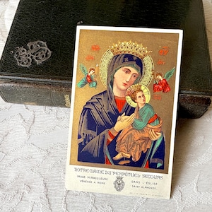Antique French Mary holy card, catholic prayer card Mary Our Lady of Perpetual Help, mass book card collection