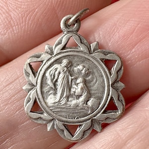 Antique Mary medal, catholic pendant of Mary &quot;Sanctuary Nostra Signora Di Montallegro&quot;, Rapallo, Marian pilgrimage Italy collection gift