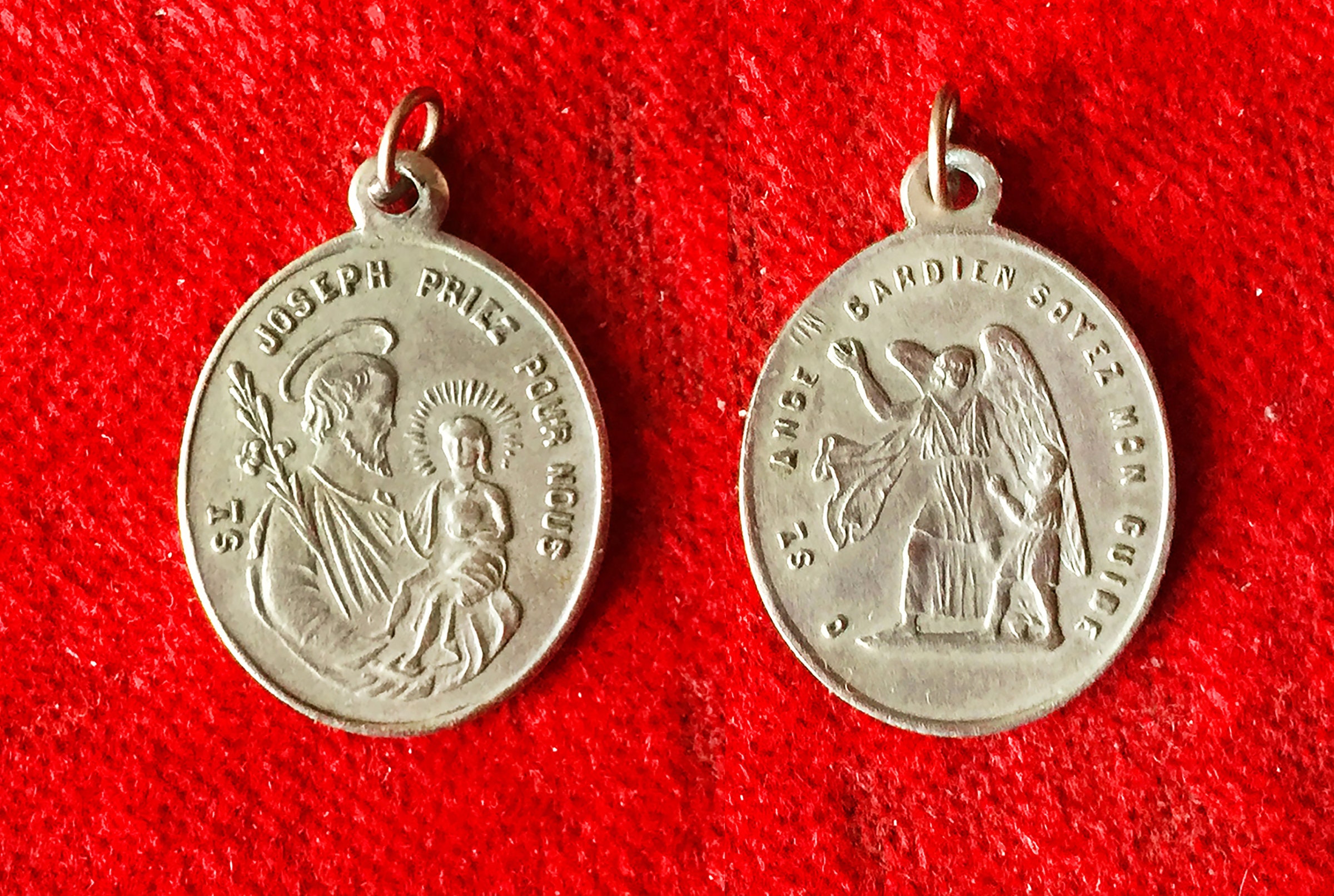 1900S Médaille Religieuse Saint Joseph Enfant Jésus Ancien Français, Médaille Catholique Métal Argen