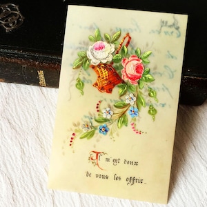 Rare Image pieuse communion ancien français catholique, carte religieuse peinte à la main vintage 1890s, carte missel collection