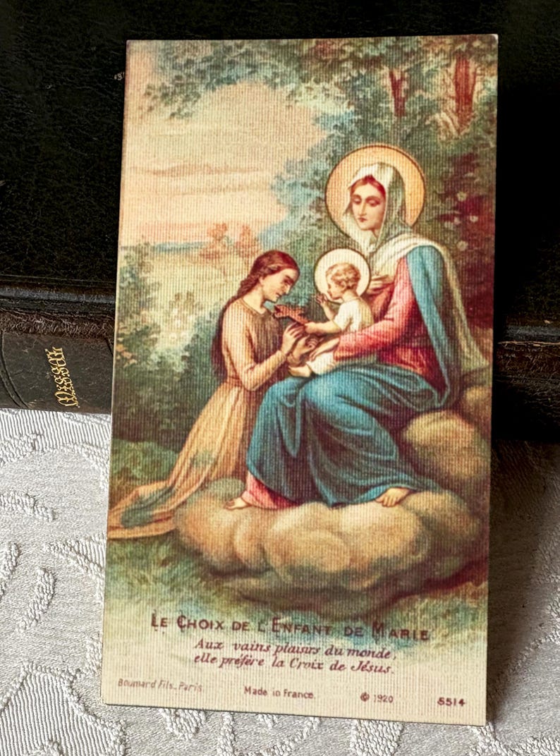 Cartão religioso francês vintage da Virgem Maria, cartão sagrado antigo da Mãe Santíssima com Jesus e o Menino Maria, cartão católico da década de 1910, devoção a Maria imagem 8