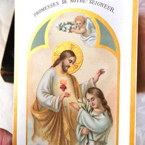 Image pieuse Jésus Sacré Coeur ancien français catholique, carte religieuse vintage 1900 Promesses Jésus Ste Marguerite Marie, carte prière