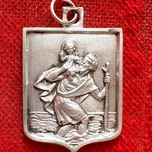 Vintage French Saint Christopher pendant catholic, large Christopher protection medal for drivers w Saint Louis Grignon Montfort on the back