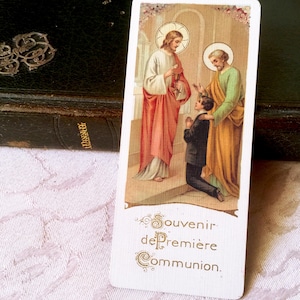 Image pieuse ancien français communion av Jésus et Saint Joseph, carte religieuse catholique vintage communion 1912, carte missel collection