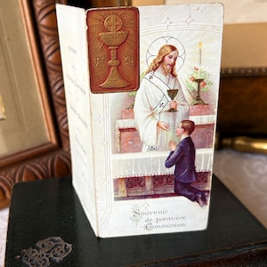 Antieke Franse Jezus heilige kaart 1910, katholiek gebed, vintage communie memorabilia-collectie