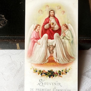 Image pieuse Jésus vintage français communion, carte religieuse catholique Jésus et Anges, image Sainte missel, Sacrement communion fille