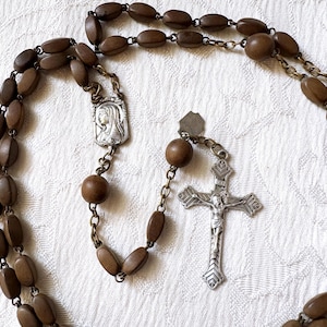 Vintage French Mary catholic rosary w brown corozo prayer beads, antique Lourdes 5 decades prayer rosary, Mary devotion gift