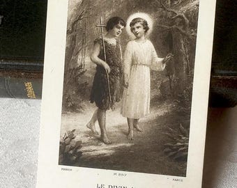 Antique French Jesus holy card &quot;Divine Friend&quot;, catholic card of Jesus Infant & John the Baptizer,  vintage prayer card, mass book card gift