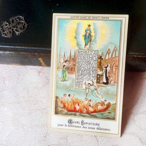 Vintage Franse religieuze kaart Maria Onze-Lieve-Vrouw van Montligeon, antieke katholieke heilige kaart Maagd Maria, collectie gebedskaarten zielen van het vagevuur