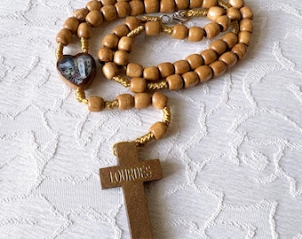 Rosário francês vintage de Maria Lourdes, rosário católico com contas de madeira, rosário de 5 décadas, Maria Imaculada, presente de comunhão