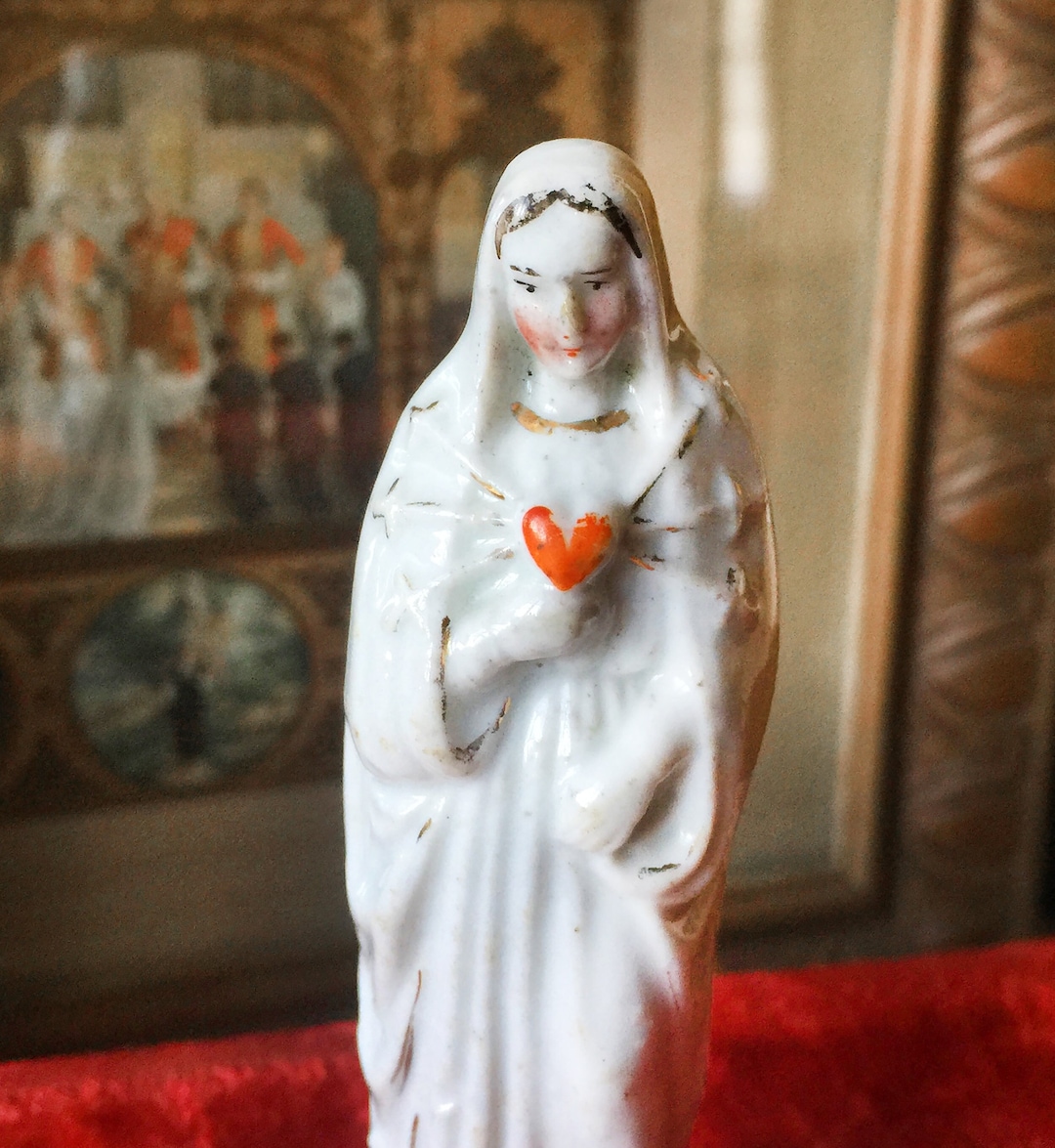 Antique French Virgin Mary Porcelain Religious Statue Figure, 1900s