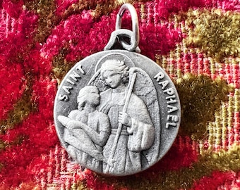 Vintage French Saint Raphael Archangel pendant, catholic protection medal, Patron Saint medallion