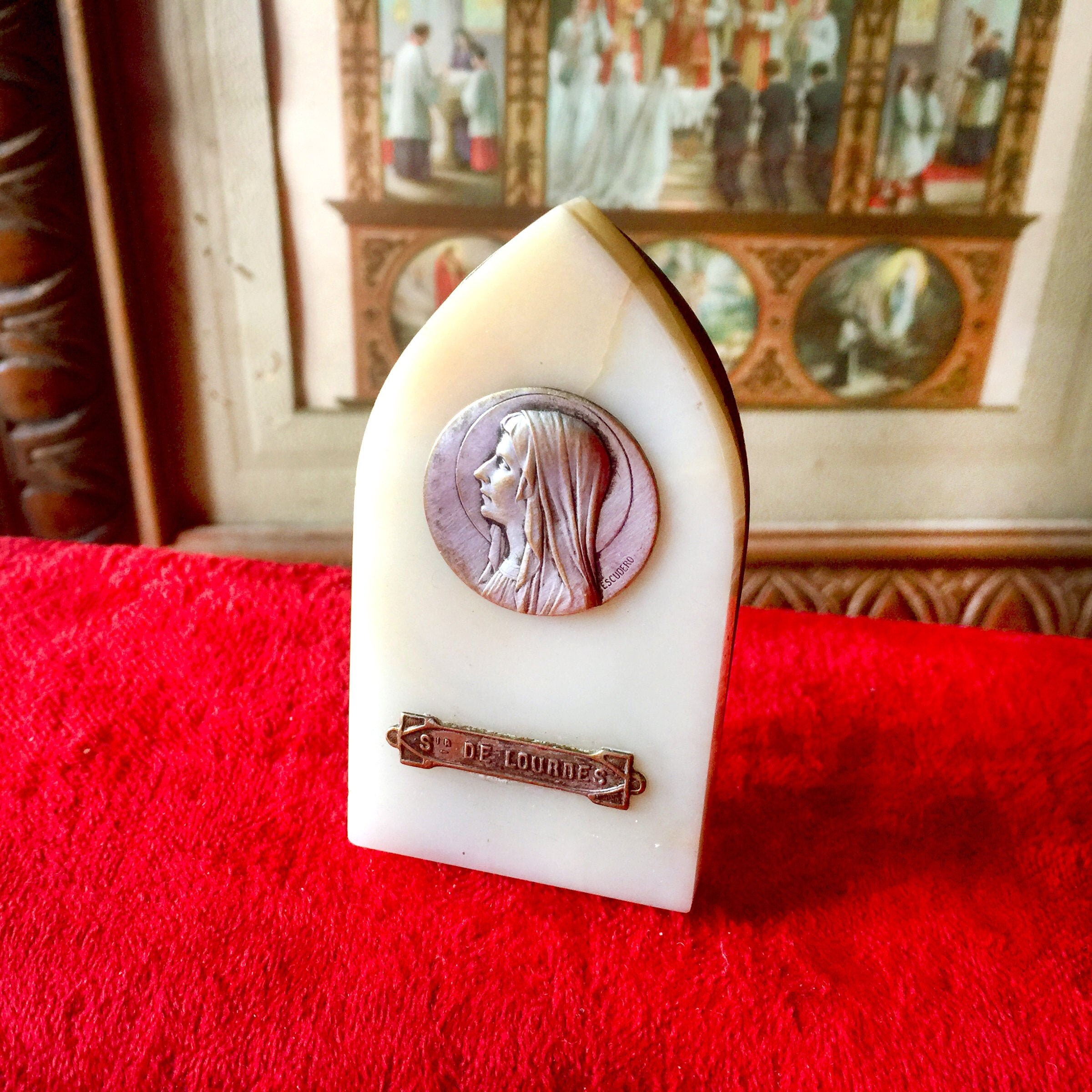 Français Reliquaire Vierge Marie, Notre Dame de Lourdes, Souvenir, Plaque Marbre, Signée Escudero, D