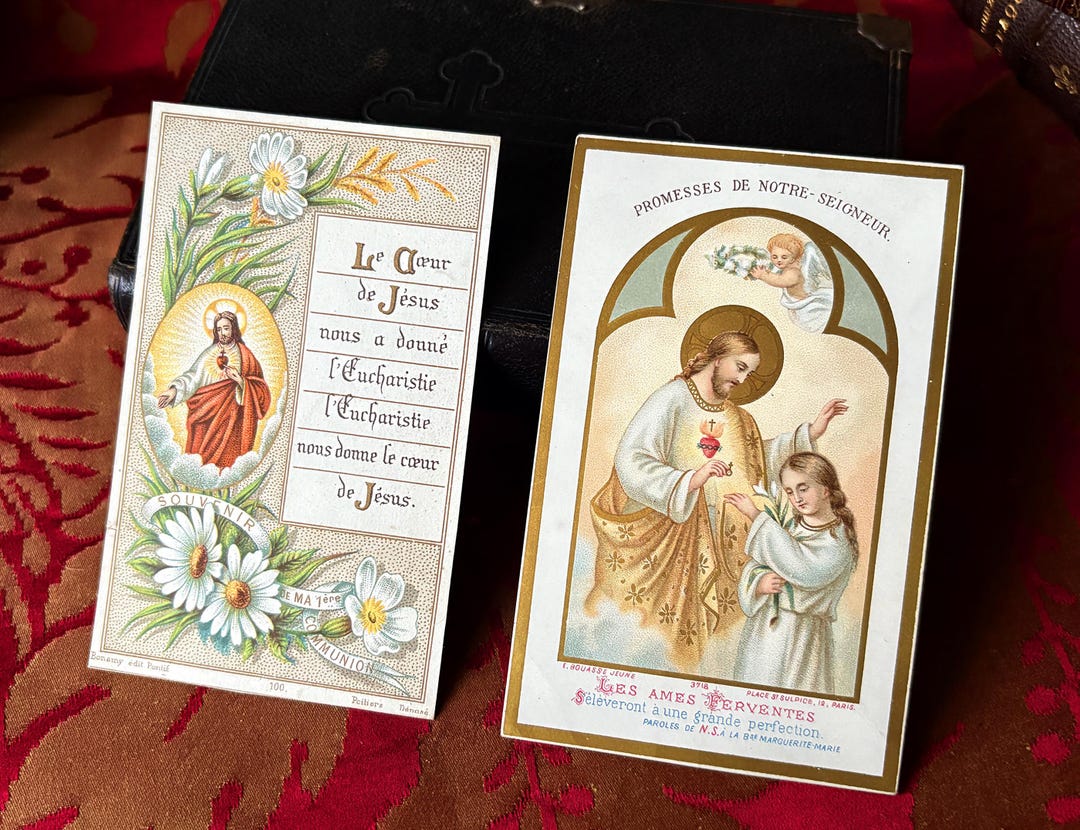 Antique French Sacred Heart Jesus Holy Cards X 2, Catholic Religious ...