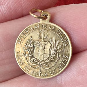 Antique French Sacred Heart Jesus Medal, rare Brass Catholic Pendant vintage 1860 signed PENIN