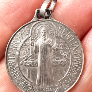 Vintage French Saint Benedict medal pendant w Benedict cross, catholic Saint Protection large pendant, Benedict devotion gift, silver metal