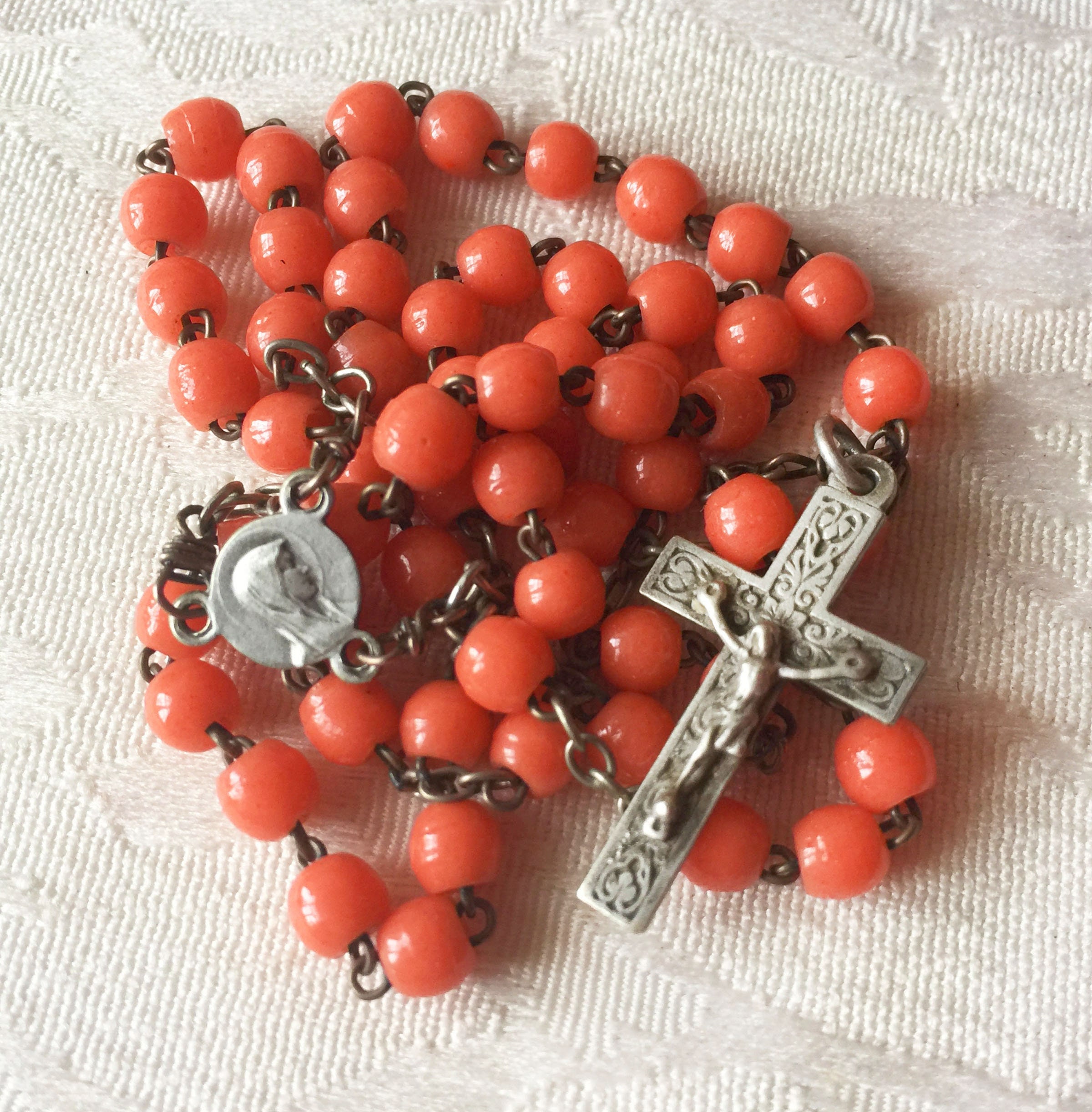 1920S Chapelet Ancien Français Vierge Marie, Chapelet Catholique Verre Couleur Saumon Corail, Commun