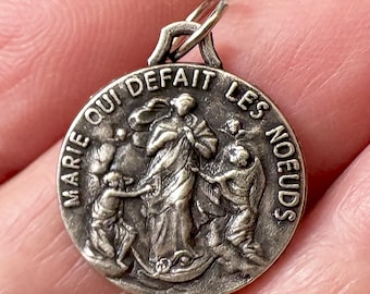 Vintage French Mary Untier of Knots Medal, Blessed Mother catholic Pendant, Marian Devotion