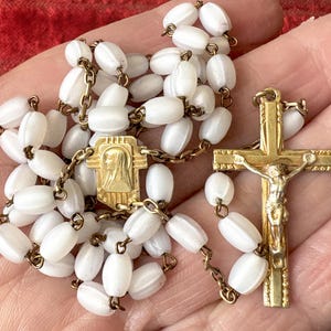 Antique French Mary catholic rosary gold metal, vintage white rosary w glass prayer beads, 5 decades devotional rosary, Mary devotion gift