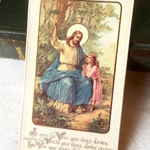 Image pieuse Jésus vintage français catholique, carte prière Jésus ancienne, carte religieuse citation Imitation de Jésus Christ