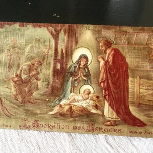 Immagine sacra della Natività di Gesù in stile francese, immagine religiosa cattolica della Sacra Famiglia, immagine del libro della messa di Natale, regalo da collezione di immagini del messale.