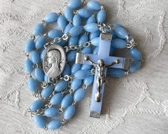Rosário azul francês vintage de Maria, rosário católico de oração com medalha de Maria, rosário azul de 5 décadas para mulheres, primeiro rosário, presente de comunhão