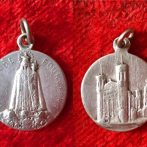 Vintage French Mary catholic pendant, antique Mary medal Our Lady of Fourviere in Lyon signed OBC, pilgrimage medal, Mary devotion gift