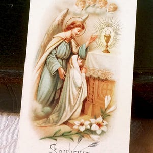 Image pieuse ancien français communion av Ange gardien, carte religieuse catholique vintage communion 1913, carte missel collection cadeau