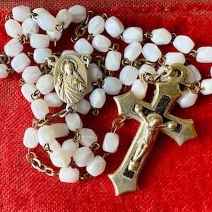 Vintage French Mary catholic rosary Lourdes & brass metal, antique Mary white rosary w glass prayer beads, 5 decades, Mary devotion gift