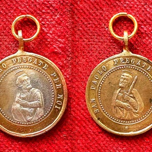 Vintage Saint Peter medal and Saint Paul, catholic Saint pendant, gold brass metal
