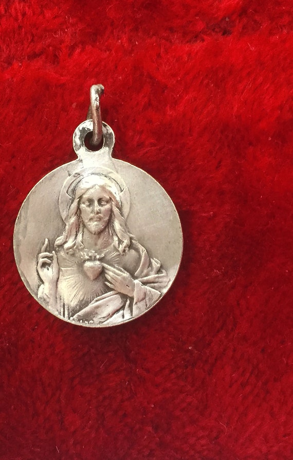 Antique french Virgin Mary religious medal and Sa… - image 5