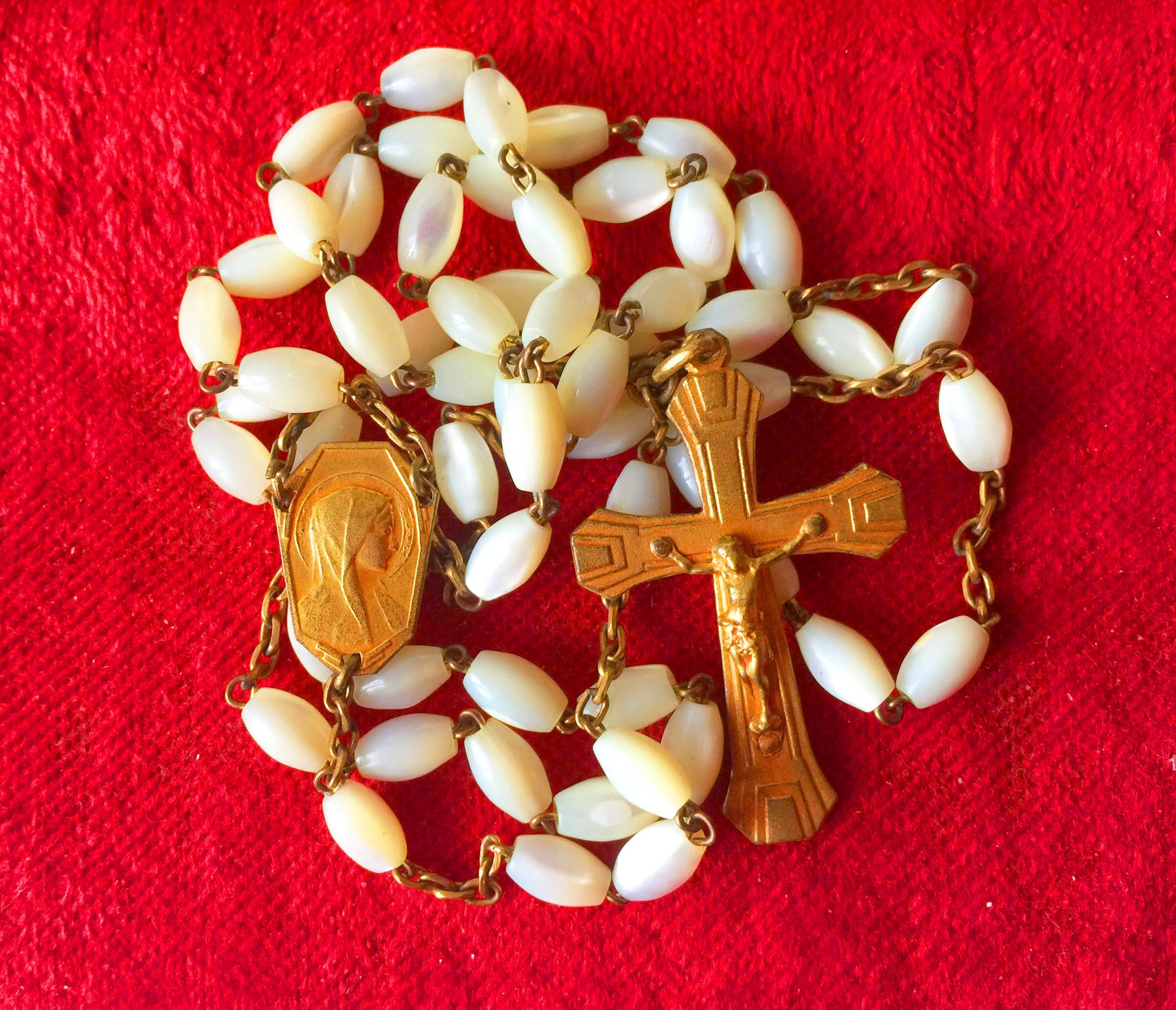 Chapelet Vintage Français Catholique, Chapelet Vierge Marie, en Verre, Chapelet Blanc et Doré, Art D