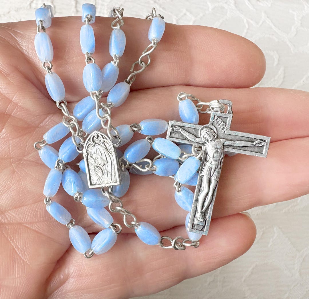 Blue Catholic Pattern Vintage French Blue Catholic Rosary Mary Medal Pocket Prayer Beads ...