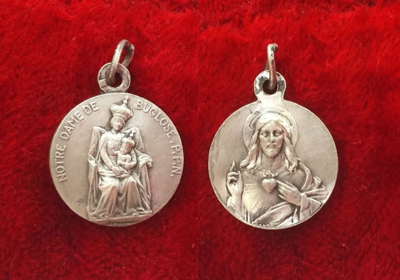 Antique french Virgin Mary religious medal and Sa… - image 1