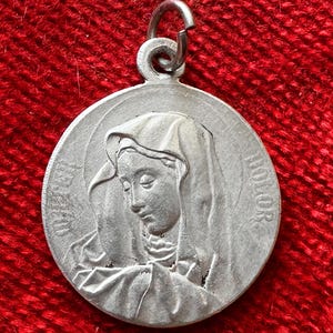 Antique French Mary pendant Our Lady of Sorrows, vintage Mary medal Mater Dolorosa w Pope Pius X on the back, Blessed Mother catholic gift