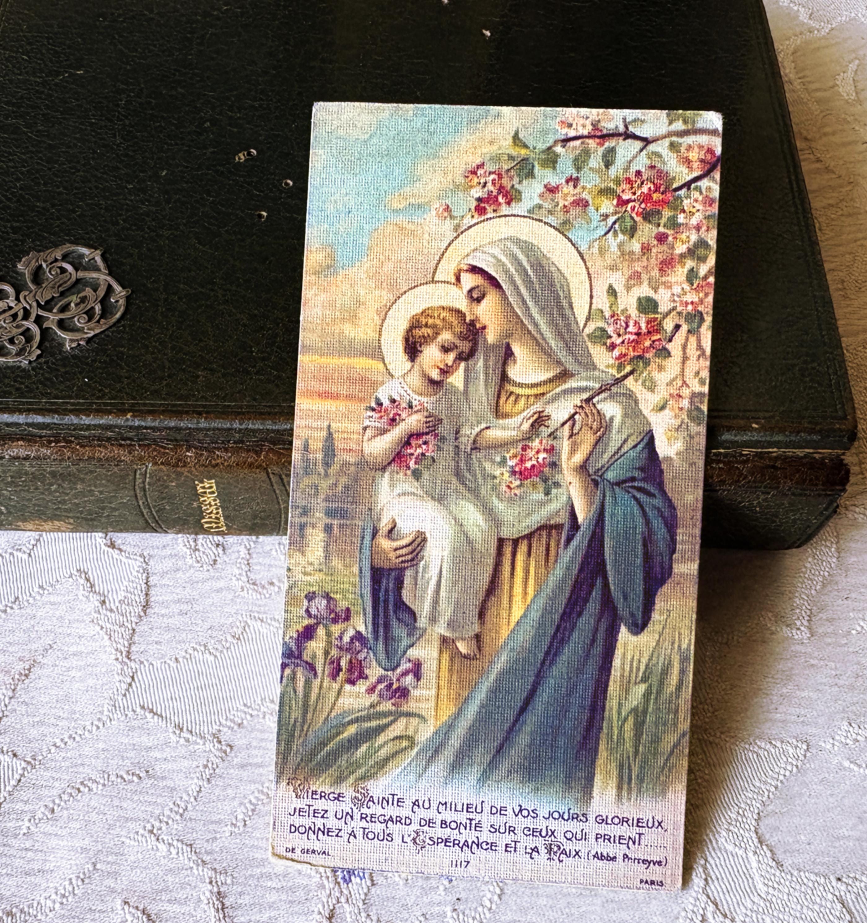 Antique French Virgin Mary Religious Card & Jesus, Catholic Prayer ...