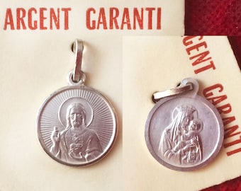 Pingente vintage francês de coração de Jesus, católico, medalha de prata do Sagrado Coração de Jesus com Maria, presente de devoção ao Sagrado Coração de Jesus, pingente de Jesus, sem uso