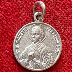 Vintage French St. Bernadette Medal, Silvered Catholic Saint Lourdes Pendant charm
