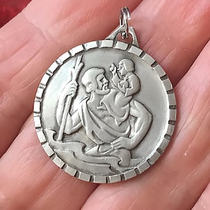 Vintage French St. Christopher Medal, Catholic Patron Saint Pendant drivers, silver metal