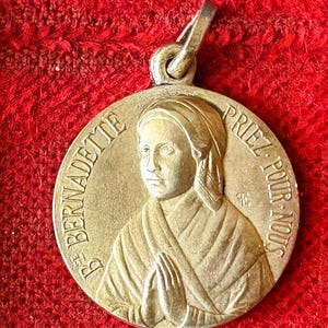 Vintage French Bernadette Soubirous Brass Pendant, Catholic Saint Lourdes Medal