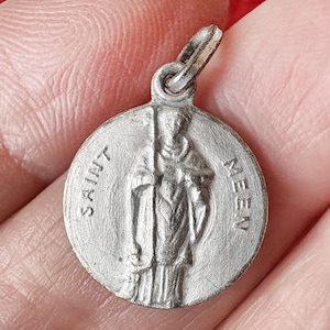 Vintage Saint Meen Medal, French Catholic pendant Patron Saint of Healing