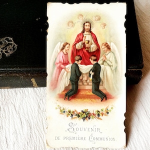 Image pieuse Jésus vintage français catholique, carte religieuse communion Jésus avec Anges, image Sainte Sacrement communion, carte missel