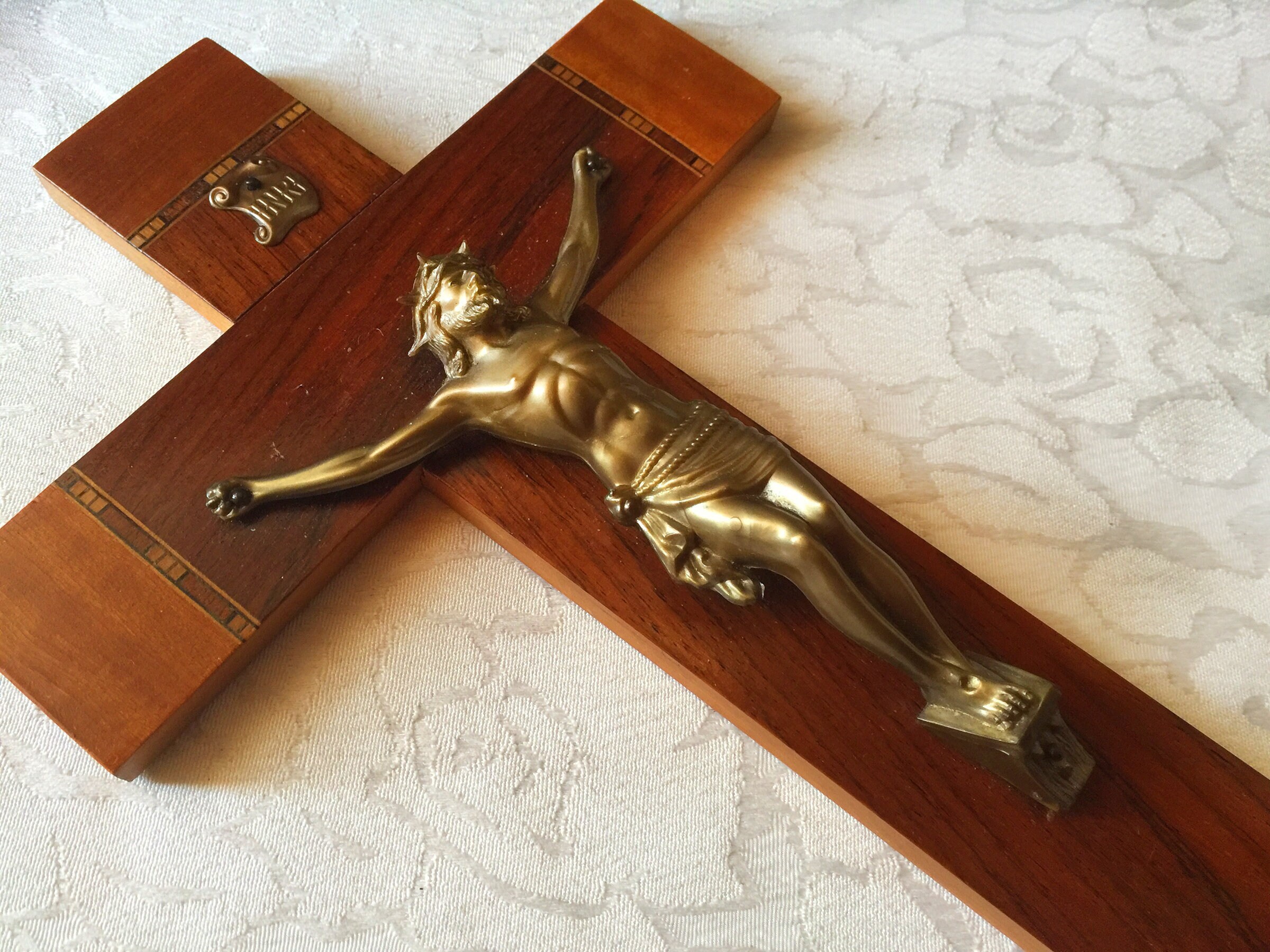 Croix Crucifix en Bois Vintage Français Art Deco, Décor Religieux Catholique Mural, Croix Inri avec