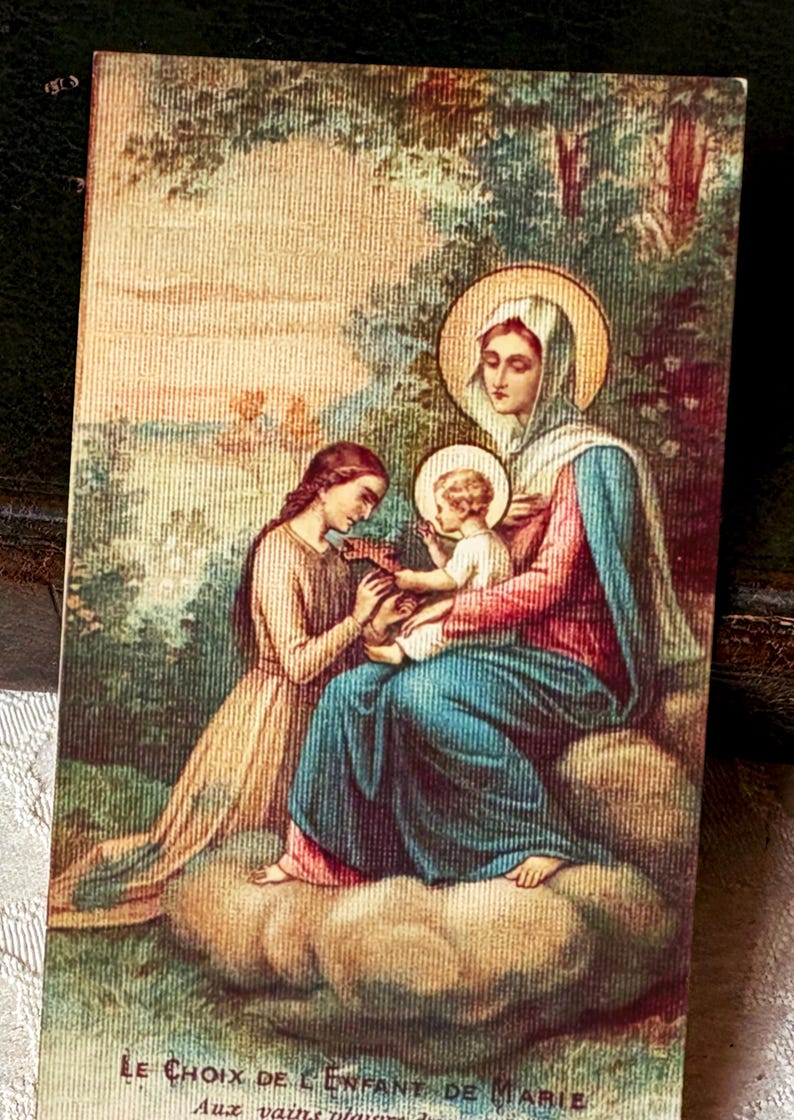 Cartão religioso francês vintage da Virgem Maria, cartão sagrado antigo da Mãe Santíssima com Jesus e o Menino Maria, cartão católico da década de 1910, devoção a Maria imagem 9