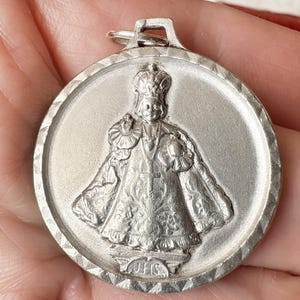 Vintage Jesus of Prague large Medal, French Catholic protection Pendant, silver metal