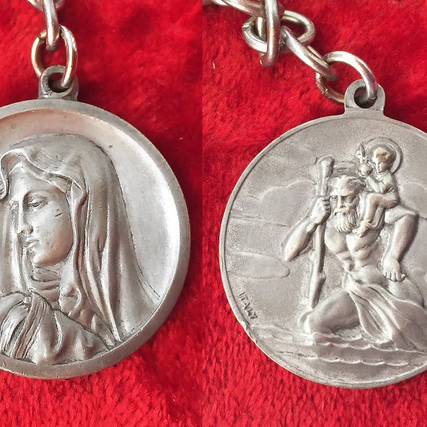 Porte clés médaille vintage Vierge Marie et Saint Christophe, grand pendentif Mater Dolorosa, métal argenté, catholique, cadeau, collection