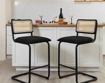 2 Boucle Fabric Rattan Retro Bar Stools 25.4" Dining Chairs Side Desk Vintage Eames Shell Mid-Century Modern Metal Counter Black Teddy Wood