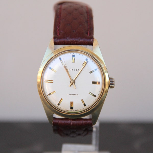 PRIM Made In Czechoslovakia 17 Jewels Gold Plated Fine Classy Man Wear Serious Watch For Tugs Very Clean MECHANICAL In Working Order