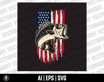 Bass Fish on American Flag Background. Bass Svg, Eps, AI. Bass fishing. Bigmouth Perch Digital Download File